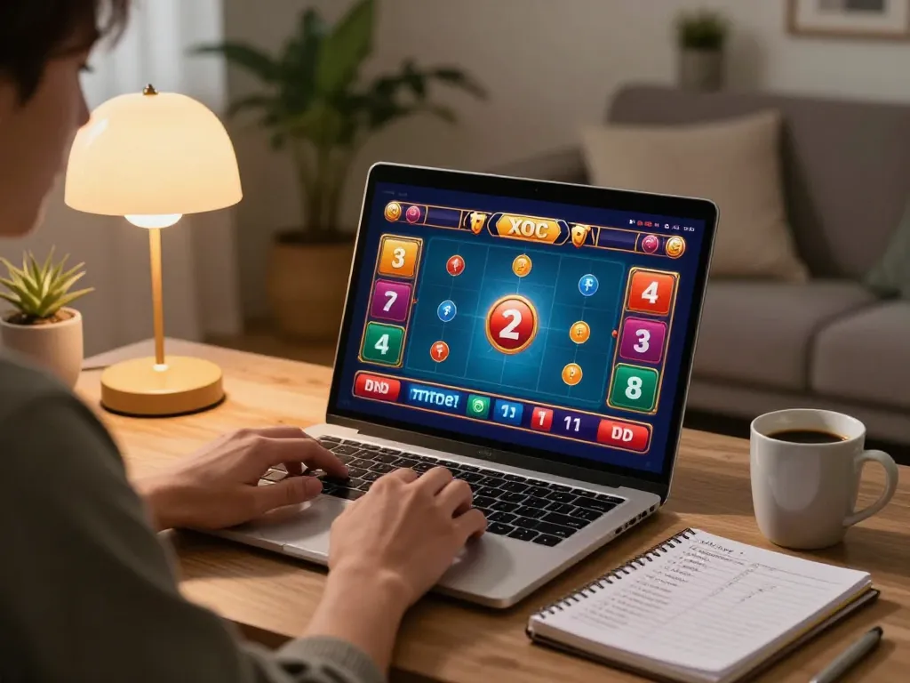 Xóc đĩa online gaming in a cozy home environment with strategic notes and vibrant laptop interface.
