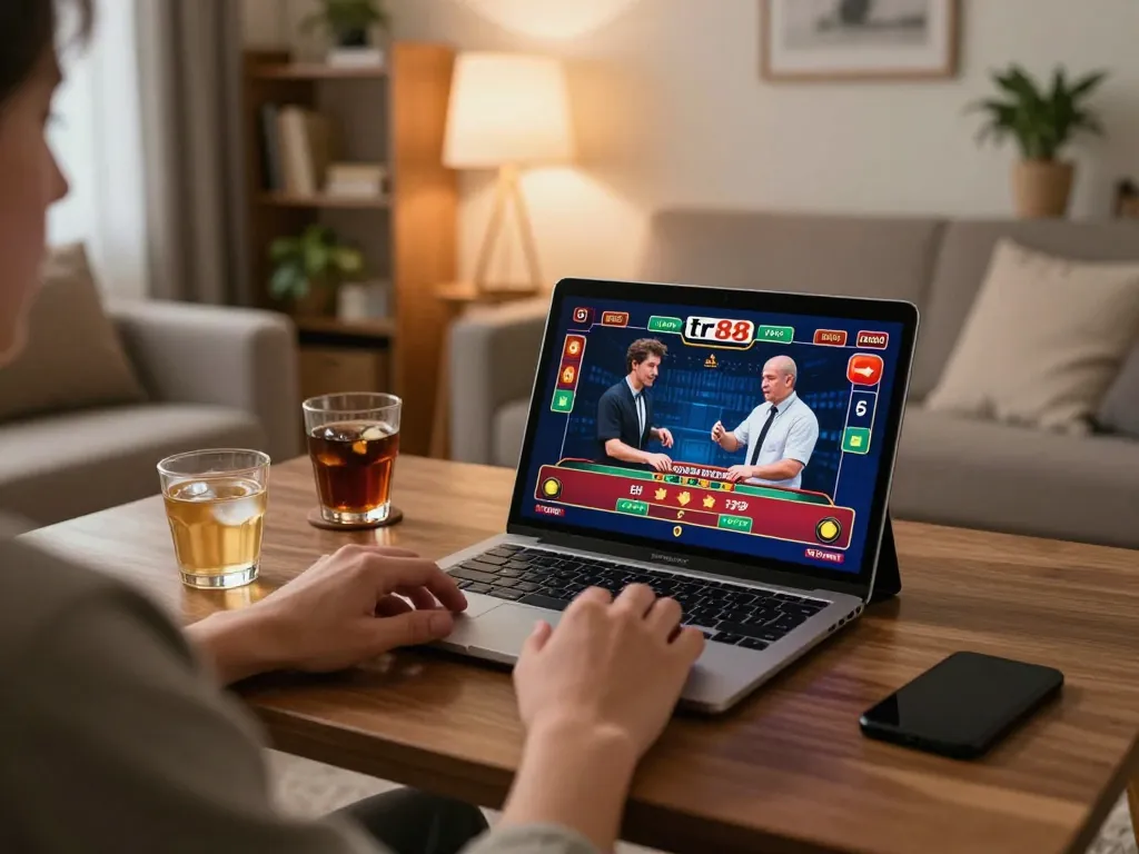 Player engaging with tr88 casino app on tablet in a cozy, well-lit living room.