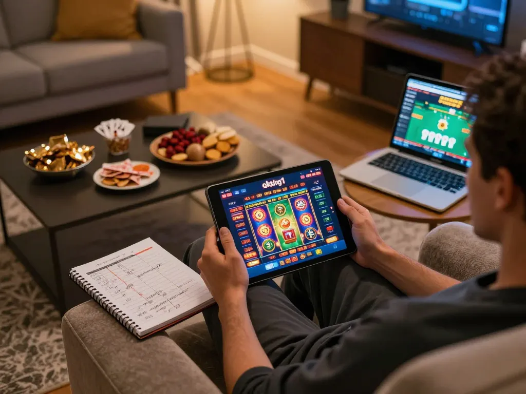Person enjoying casino games on okking1 platform using tablet, showcasing responsible gaming atmosphere.