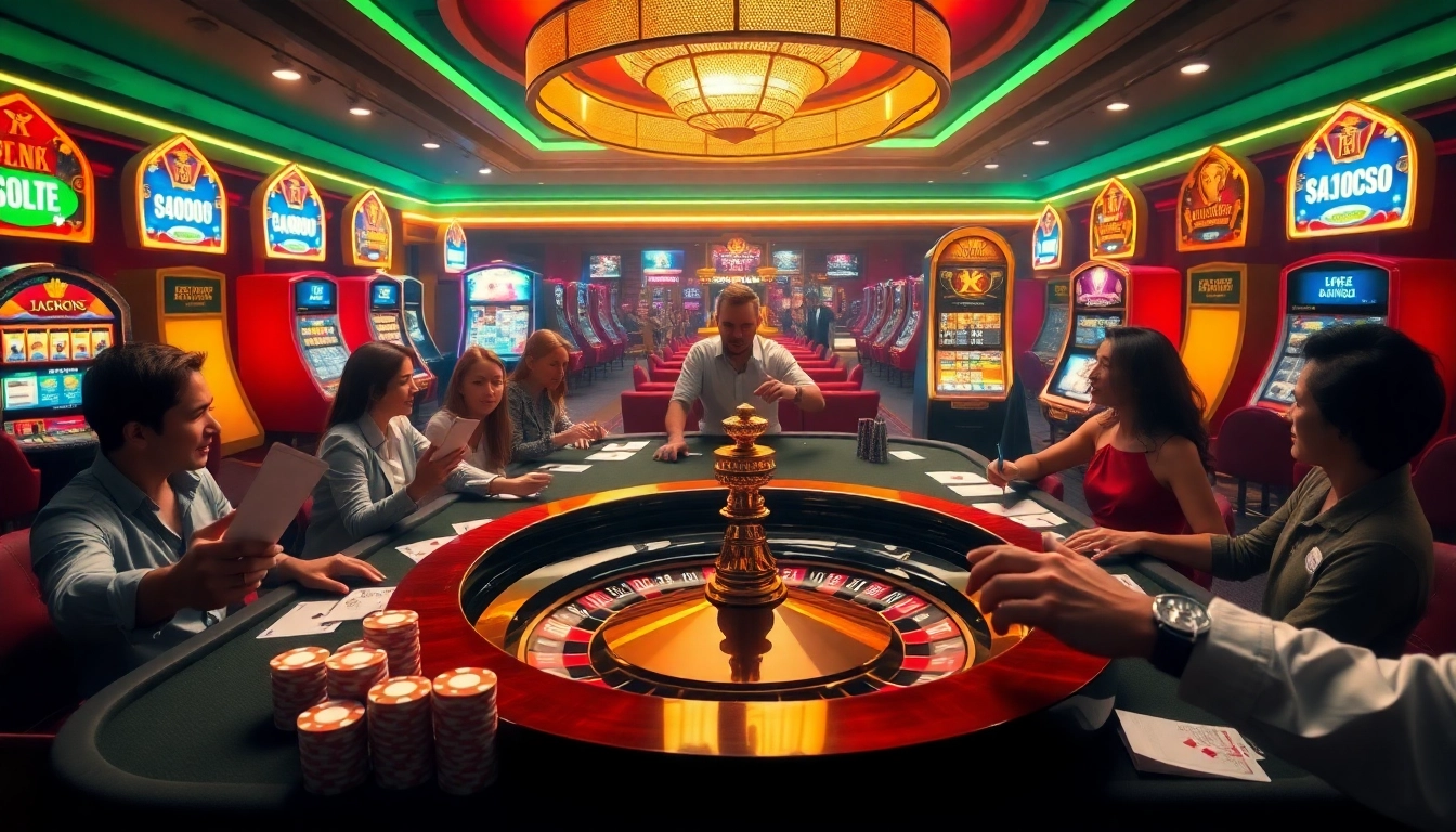 Kkwin players celebrating a win at a glamorous casino table filled with poker chips and cards.
