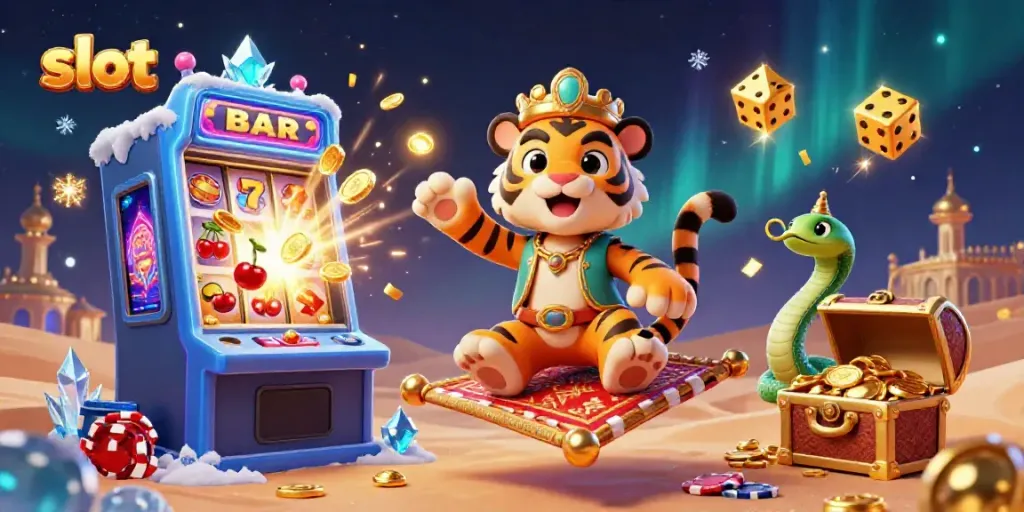 Experience the thrill of slots with vibrant genie and tiger sultan characters surrounded by casino game elements.