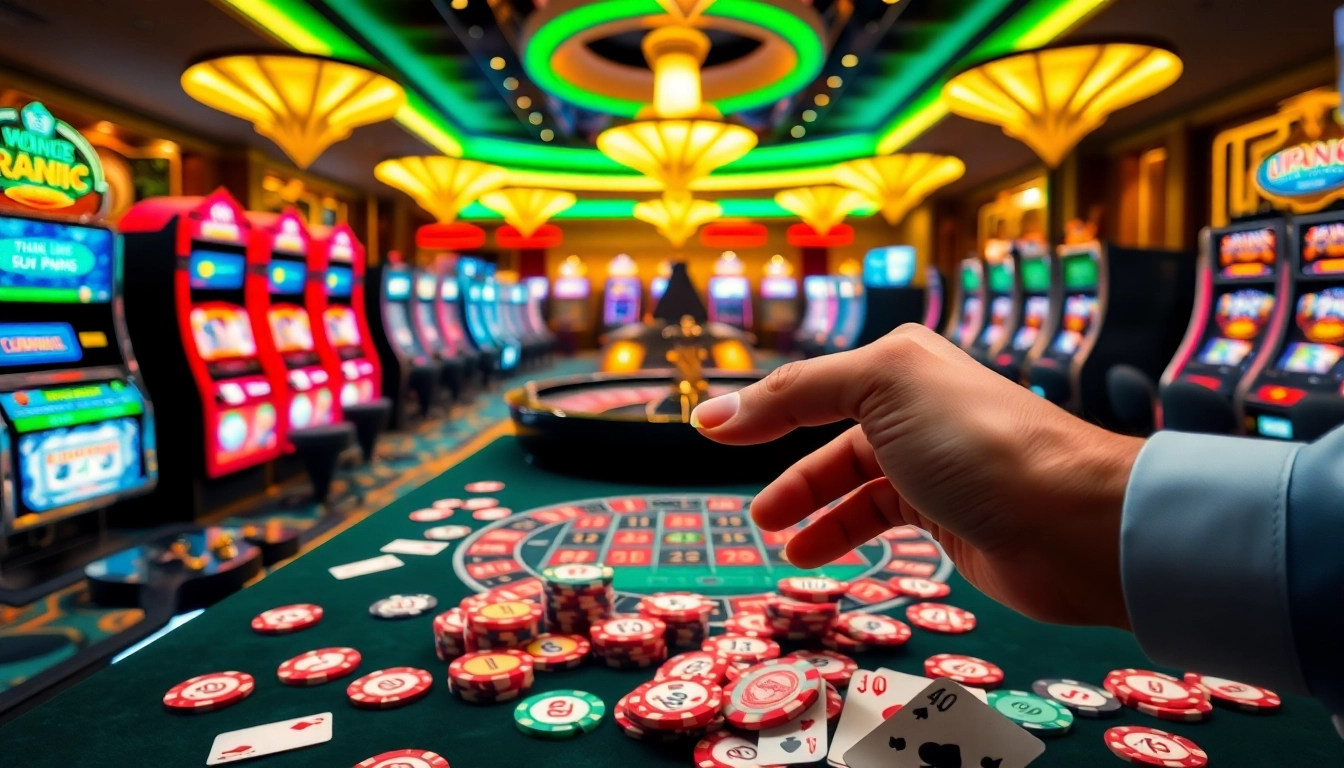 KONG88 players betting at a luxurious casino with vibrant roulette and poker elements.