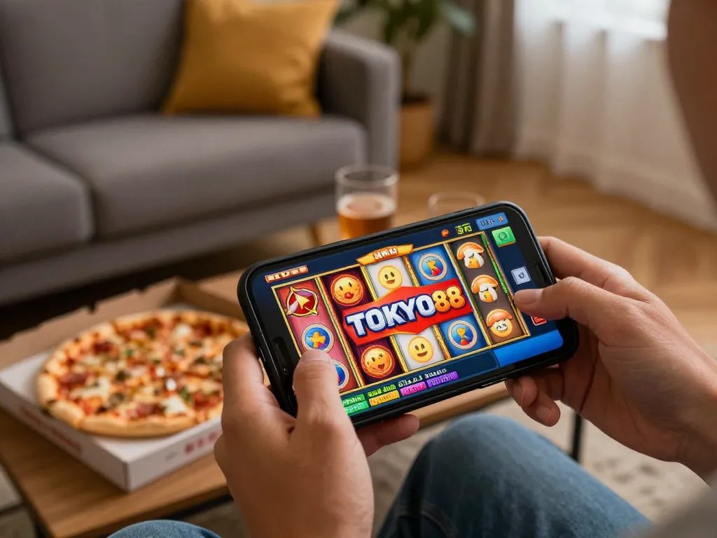 Sesi permainan slot mobile TOKYO88 dengan gulungan yang berwarna-warni, suasana rumah yang santai.