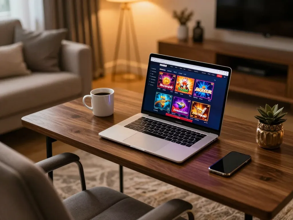 Engaging player exploring MM88 casino games on a stylish home laptop.