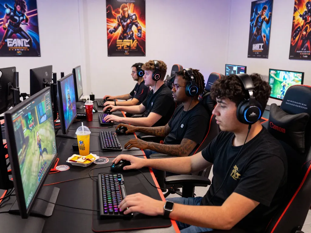 Exciting online gaming experience on Dewi100 platform with diverse players in modern gaming setups.