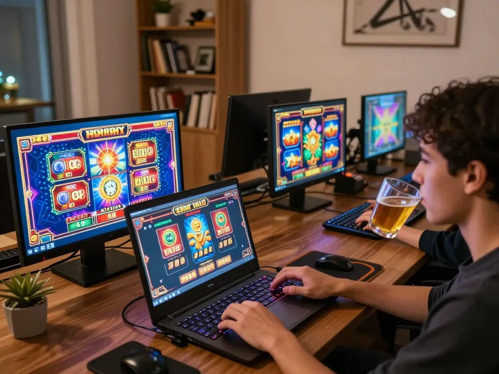 Player engaging with slot88 resmi game on laptop, demonstrating dynamic online gambling experience.