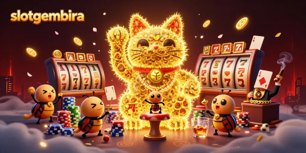 Engage with slotgembira's vibrant 3D scene showcasing lucky symbols and casino excitement.
