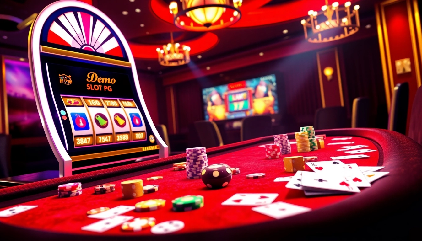 Experience the thrill of demo slot pg on an elegant casino table with vibrant slot machines and poker chips.