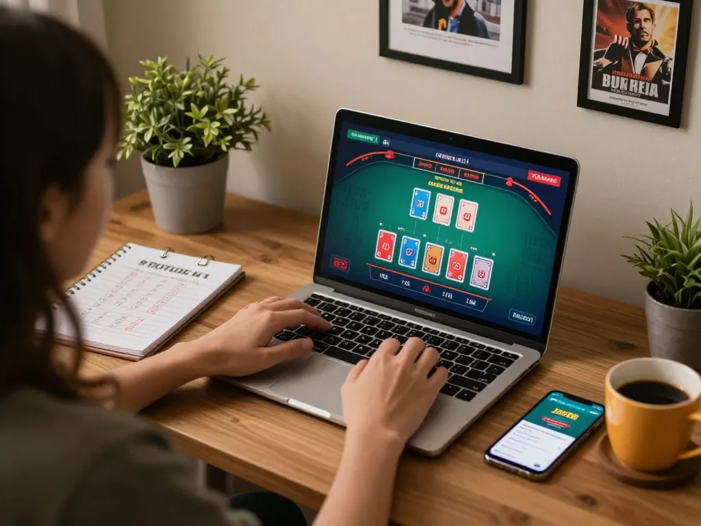 Player enjoying blackjack on Jun88 online casino while using a laptop at home, showcasing an engaging gaming experience.