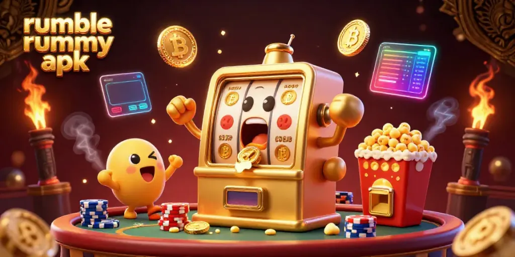 Experience the excitement of winning with Rumble Rummy APK in this dynamic casino scene packed with vibrant slot machines and glowing coins.