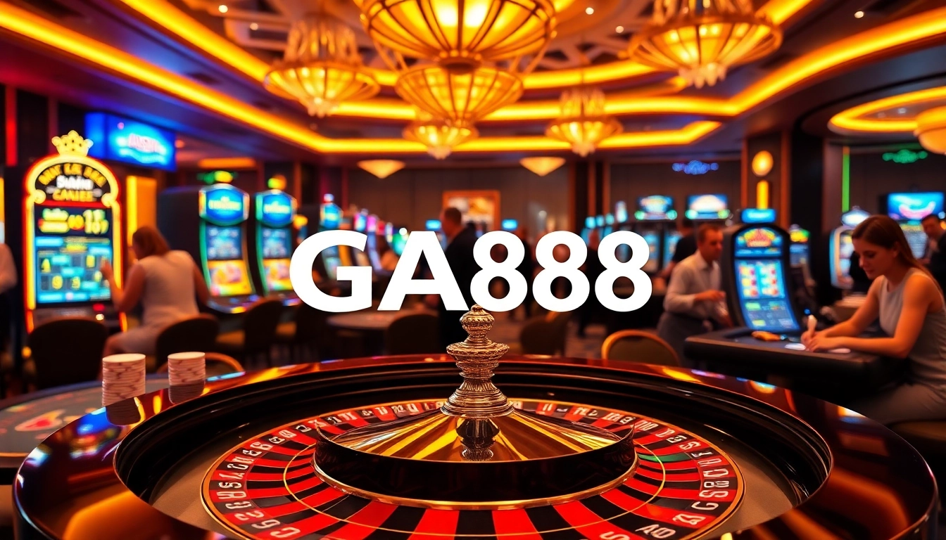Experience the excitement at GA888's luxurious casino with roulette and vibrant gaming elements.