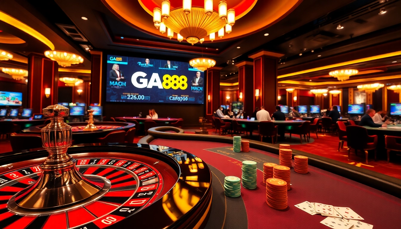 Players enjoying live betting at GA888 casino with vibrant table games and roulette wheels.