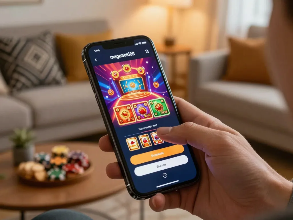 Engaging with the megahoki88 login interface on a smartphone in a cozy home environment, showcasing online gaming strategy.