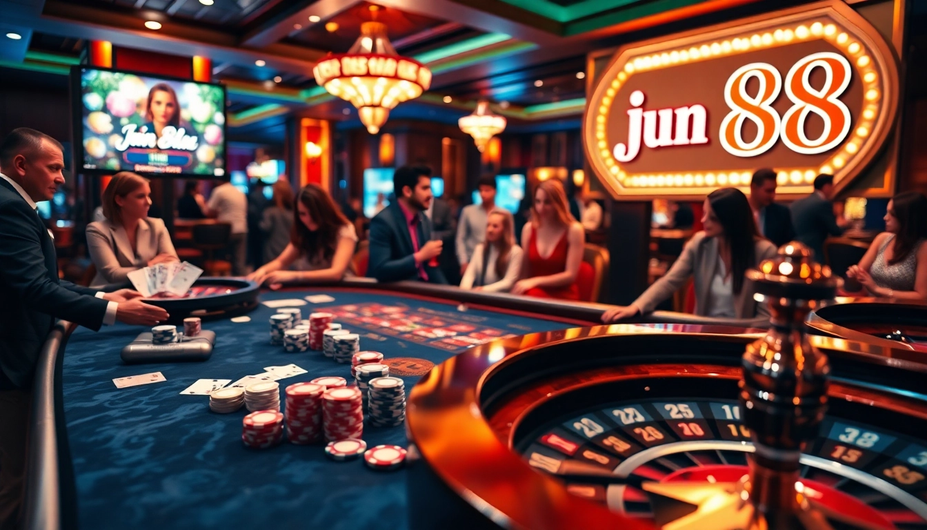 Experience the thrill at Jun 88 with vibrant gaming tables and excited players.