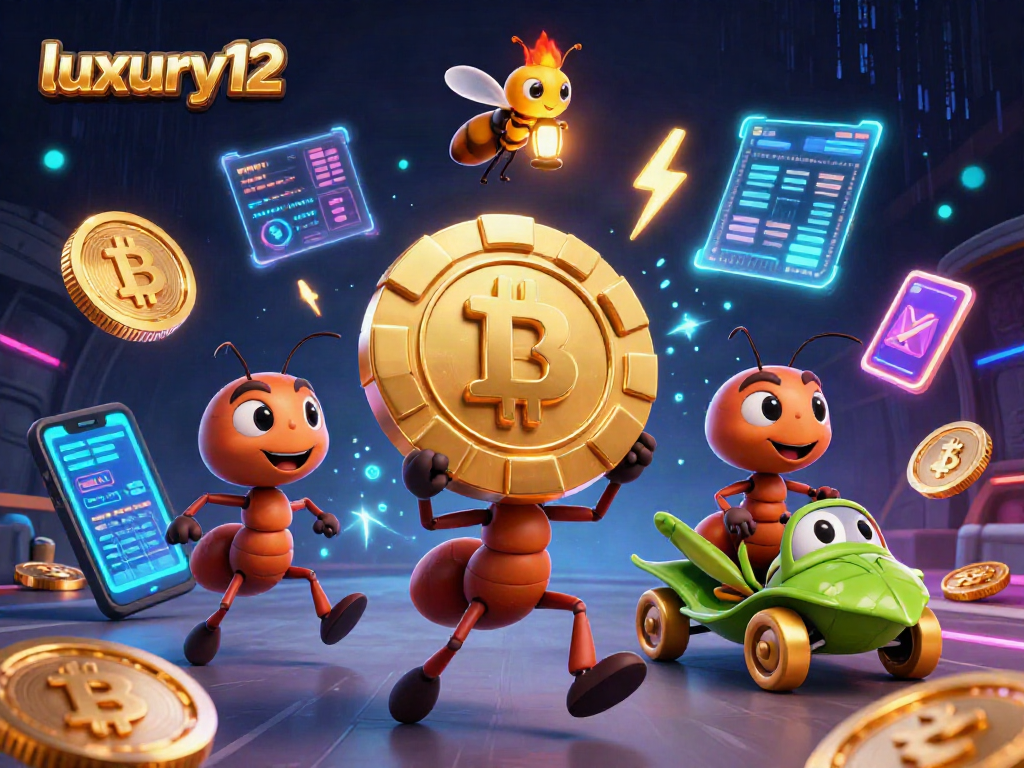 Ant-armada luxury12 membawa chip poker emas besar dalam pencurian kasino, dikelilingi elemen crypto menarik.