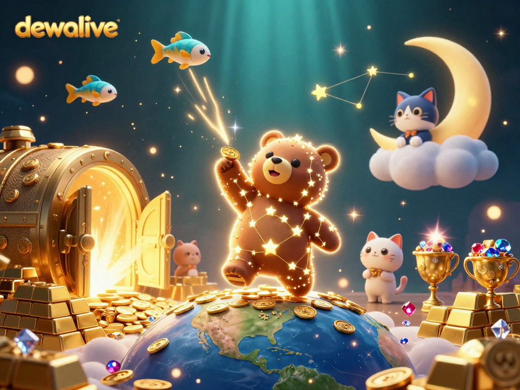 Dewalive memikat pemain dengan bintang beruang, kucing bulan, dan harta karun yang melimpah.
