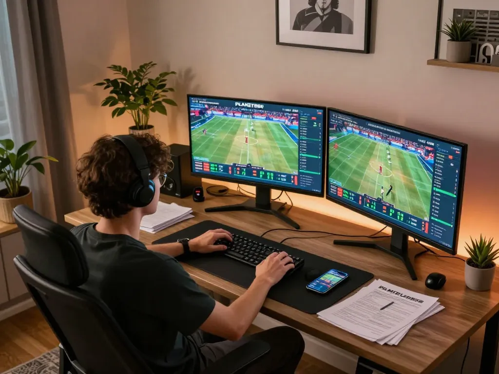 Engaging in sports betting strategies on PLANET88 app at home office setup