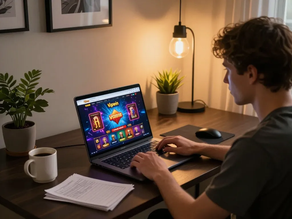 Engaging with Vipwin casino on a laptop in a cozy home setting