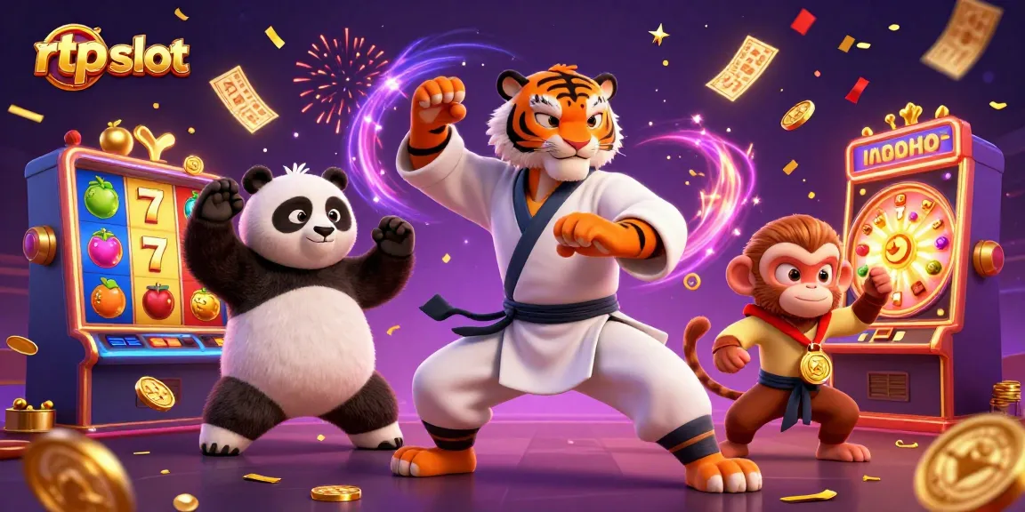 Experience rtp slot excitement with a kung fu tiger and friends amidst vibrant casino elements.