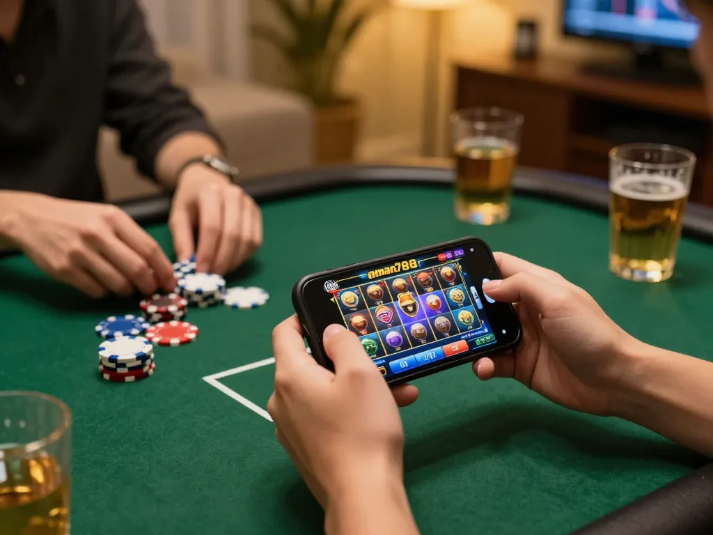 Momen menarik permainan judi mobile di aman788 dengan smartphone menampilkan permainan slot, diatur dalam suasana nyaman di rumah