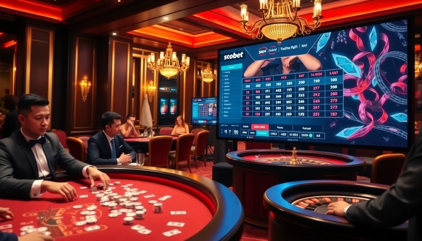 Engaging players using the sbobet link on a luxurious casino floor filled with vibrant poker and roulette action.