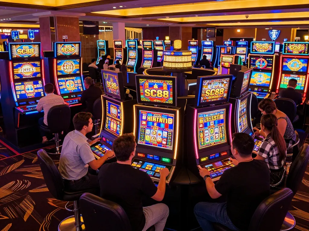Players enjoying the excitement of SC88 slot machines in a vibrant casino environment.