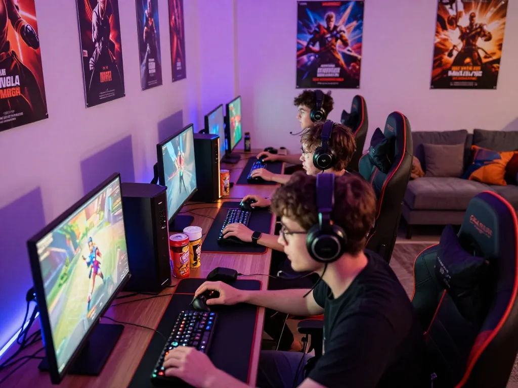 Vibrant gaming scene with players immersed in sunwin20 online games, showcasing gaming gear and community.