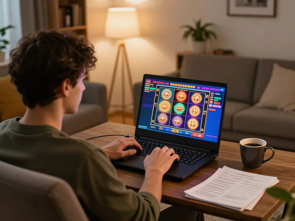 Engaged in online casino gaming at home with cm88, showcasing colorful slot games on laptop.