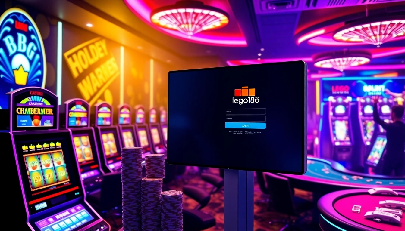Engaging scene of online gamblers at the lego138 login interface, showcasing excitement and luxury.