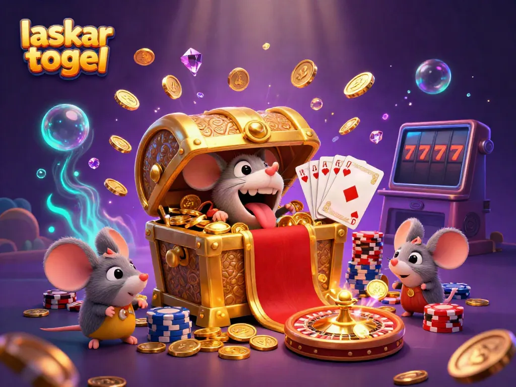 Experience the thrill of laskar togel with treasure chests and sparkling gems in a vibrant 3D casino scene.