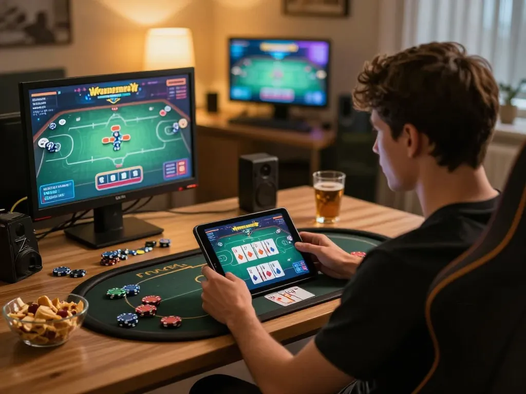 Pemain yang terlibat di tablet menikmati permainan di https://www.saigoncafesterling.com/menus meja poker dengan makanan ringan dan minuman.