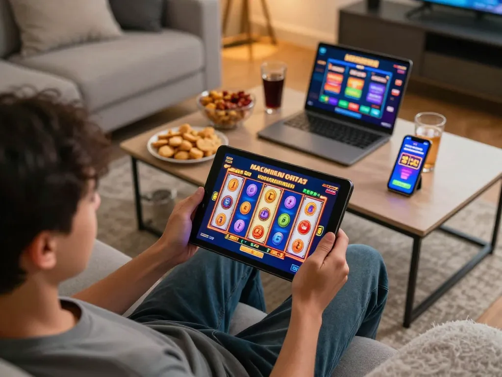 Engaging mobile gaming experience with slot gacor on tablet in a cozy living room setting.