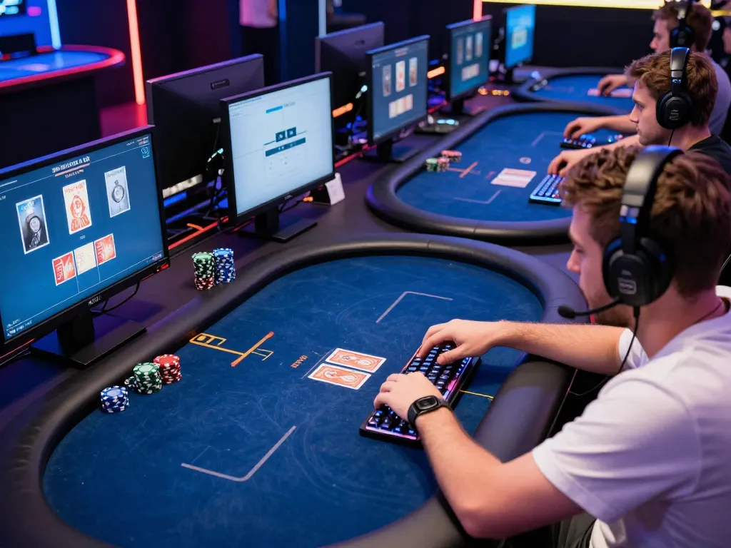 Engaging professional online poker gameplay at https://kjc.events/ showcasing player in focused action with vibrant gaming setup.