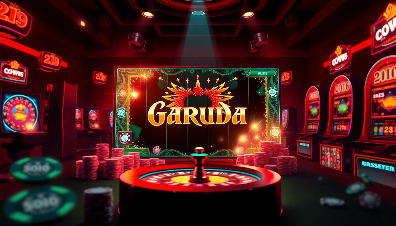 Experience the thrill of garuda slot with vibrant casino elements, including poker chips and illuminated slot machines.