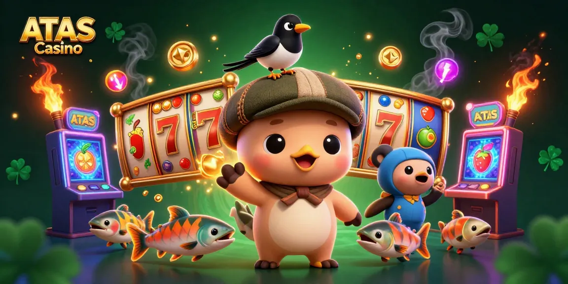 Join the excitement at ATAS Casino with vibrant slots, playful characters, and dynamic gaming elements in a rich scene.
