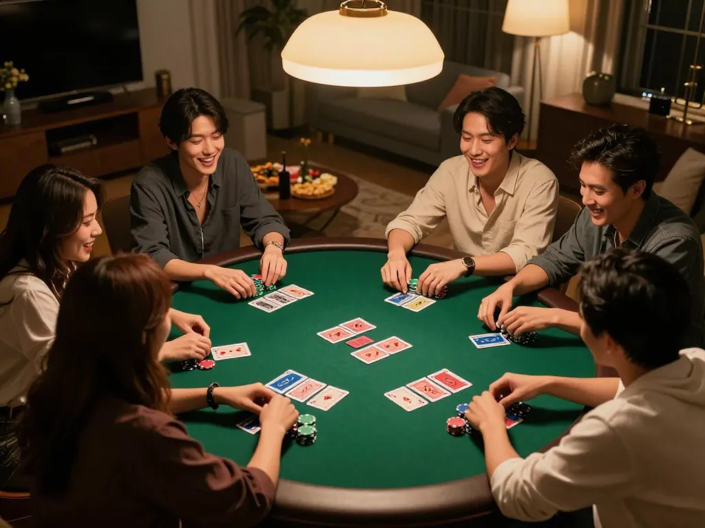 Friends enjoy a poker night at home, playing around the FAFA 828 themed table with excitement.