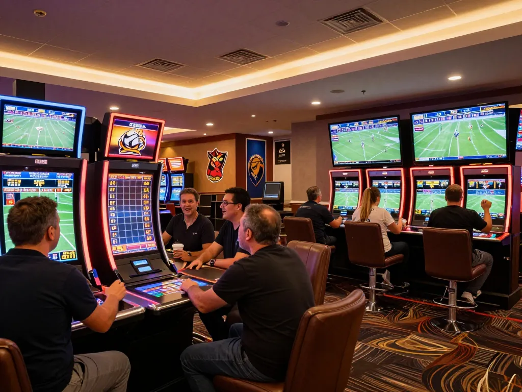 Patrons actively engaging in sports betting at 88aa, surrounded by vibrant screens and a lively atmosphere