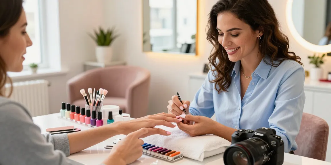 Client enjoying a manicure in a stylish beauty salon with polished nails and colorful polish options.