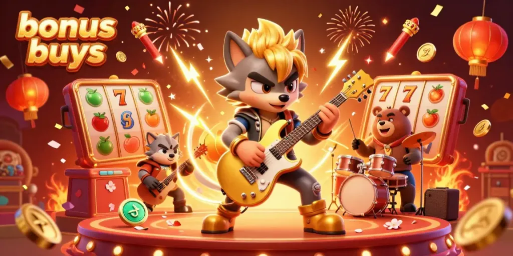 Experience thrilling bonus buys with 3D cartoon characters in a vibrant casino scene filled with lively elements.