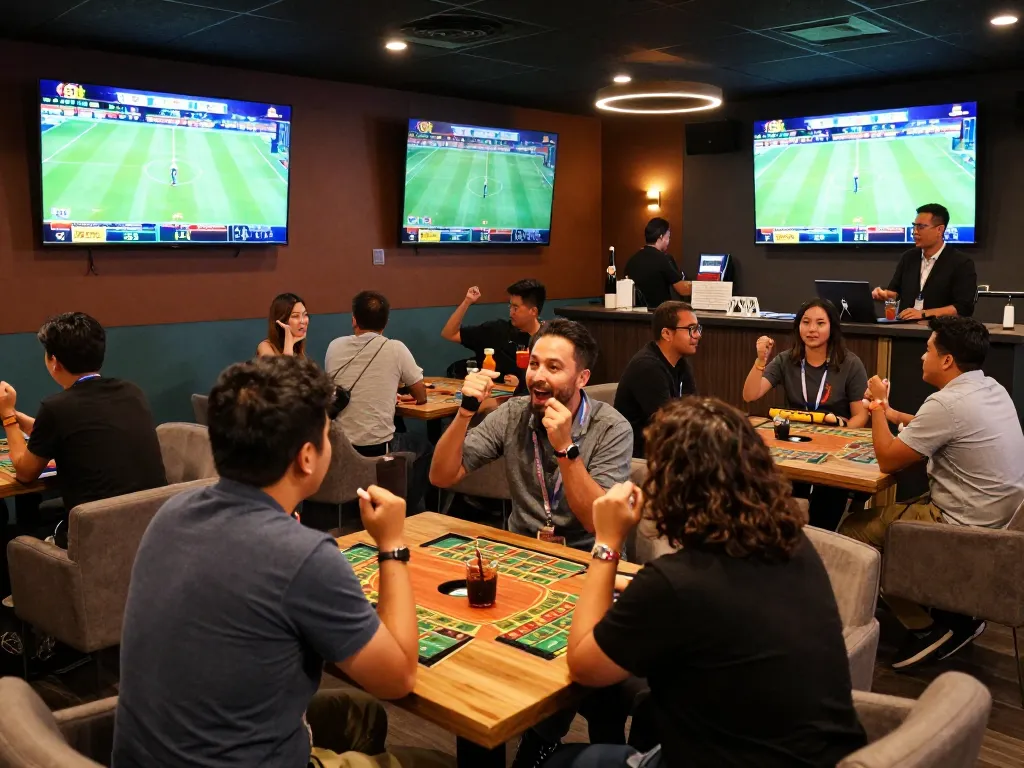 Exciting sports betting action at UU88 with fans cheering for live games and placing bets