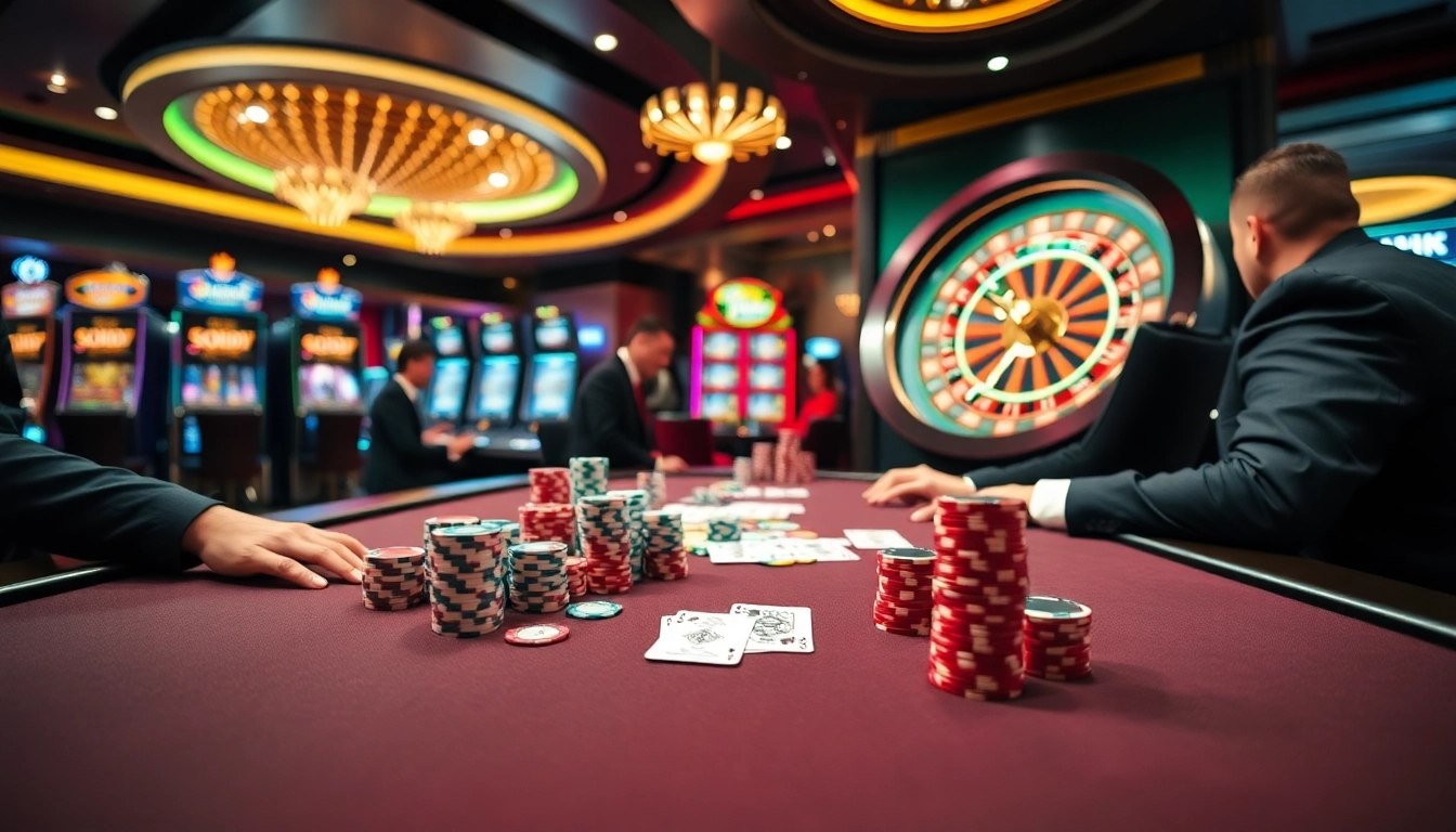 Players strategizing at SODO CASINO poker table with stacked chips and cards.