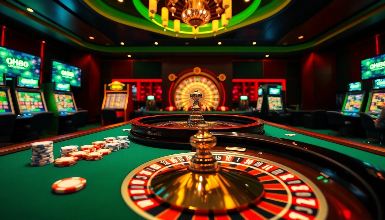Exciting casino scene showcasing qh88 online gaming with poker chips and roulette wheel.