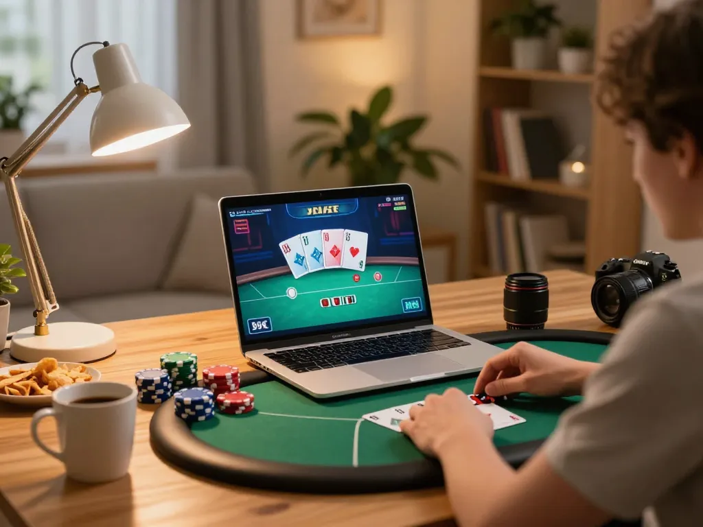 Engaging in strategic online poker game on a laptop showcasing dinamit4d platform in a cozy home