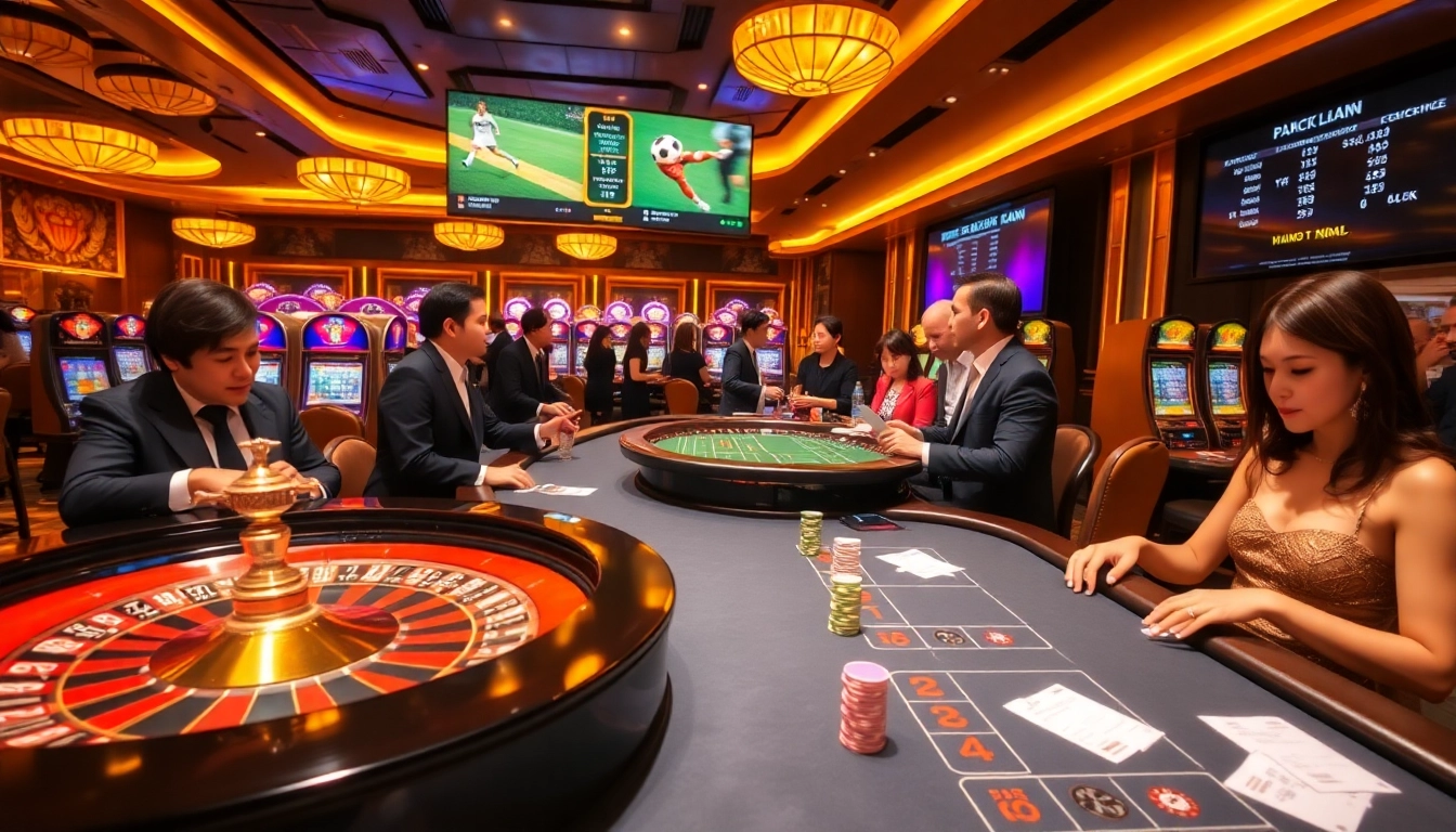 Engaged bettors strategizing in a Judi Bola Piala Dunia casino setting with vibrant casino elements.