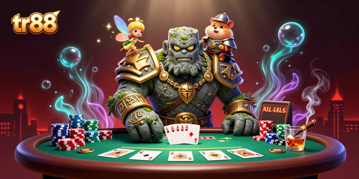 Engage with tr88’s exciting poker action featuring vibrant cartoon characters in a lively casino scene.