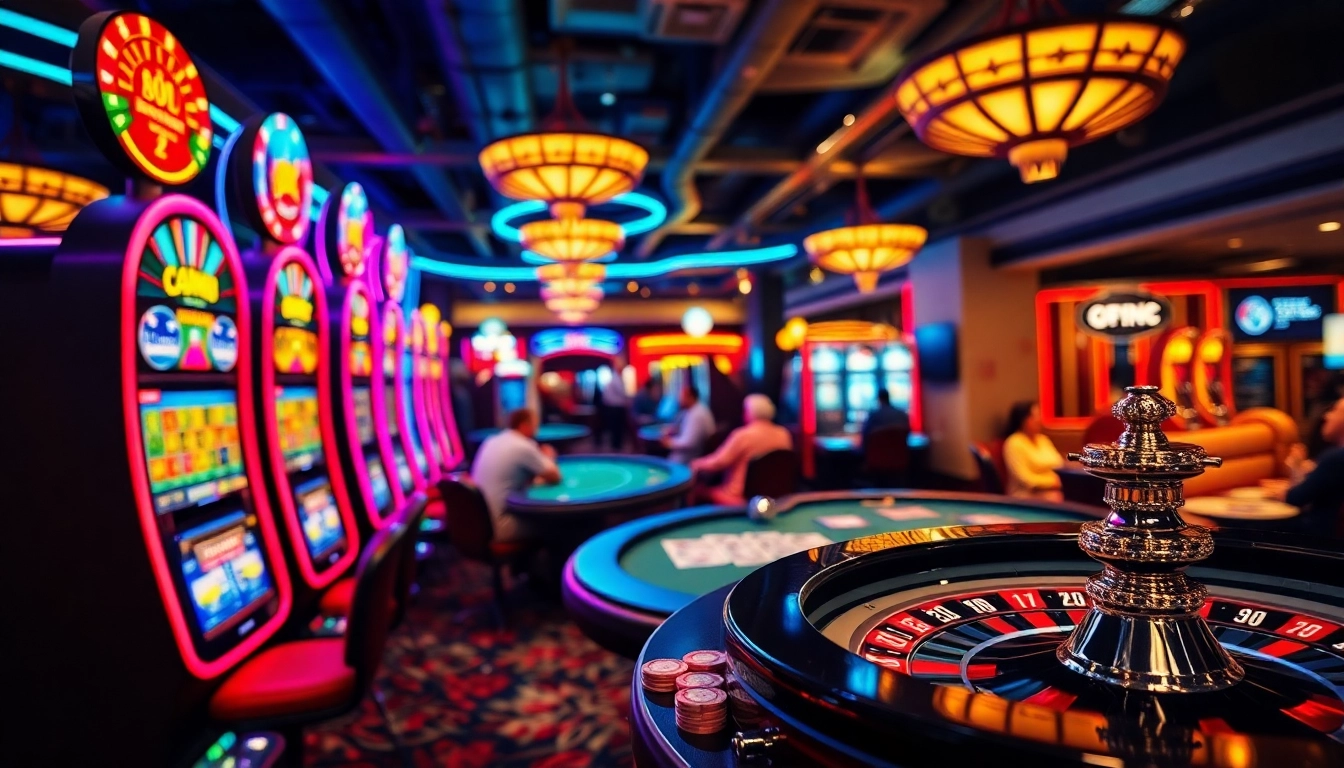 Engaging casino bonuses displayed in a vibrant casino setting with lively players.