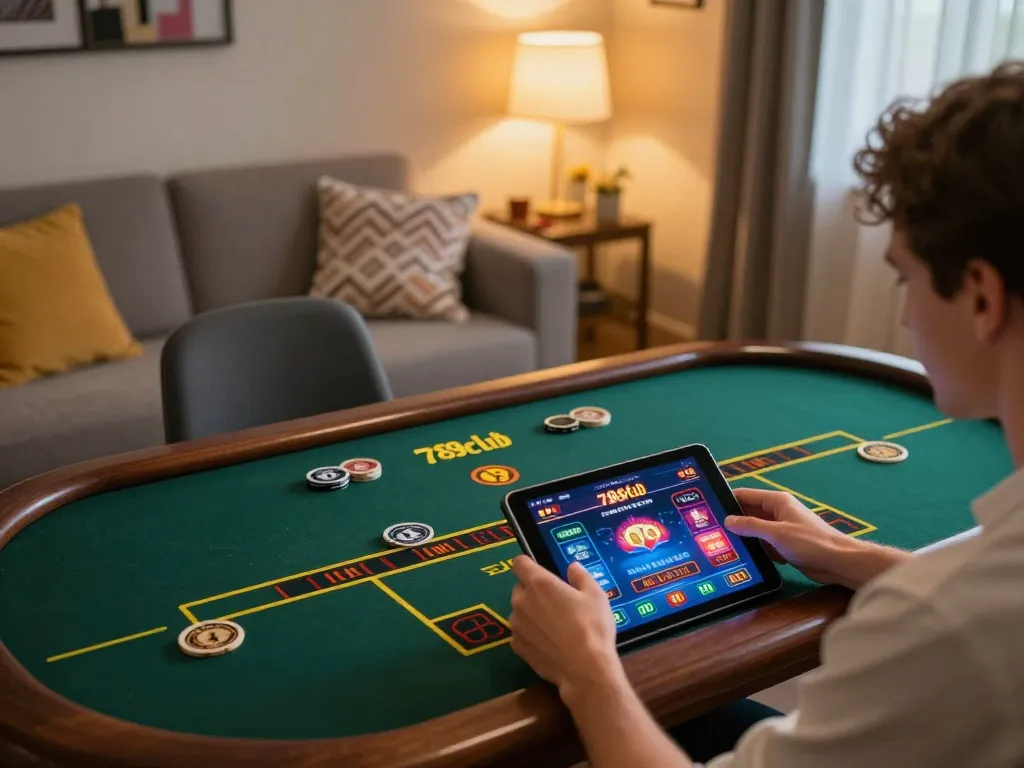 Engaging with 789club online casino on a tablet in a cozy home setting.