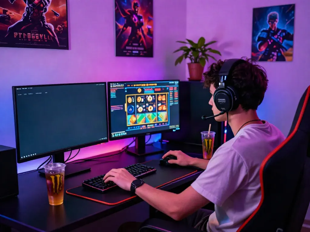 Engaged gamer at a desktop with dual monitors playing akunjp slot games in a vibrant, LED-lit room.