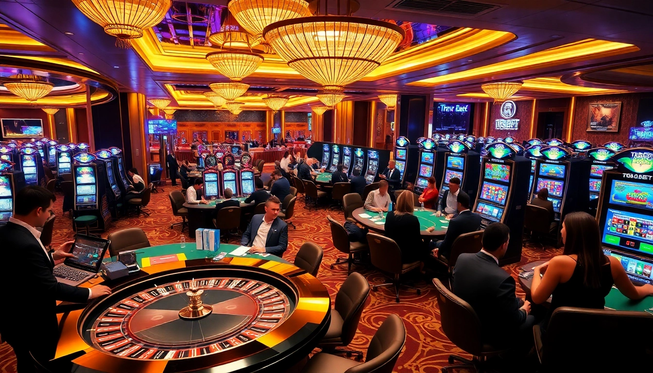 Excited players engaging in various games at the luxury TR88 bet casino, showcasing vibrant tables and slot machines.