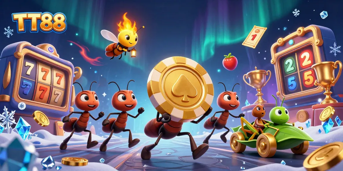 TT88 showcases a dynamic heist scene with playful ants, vibrant casino elements, and a lively gaming atmosphere.
